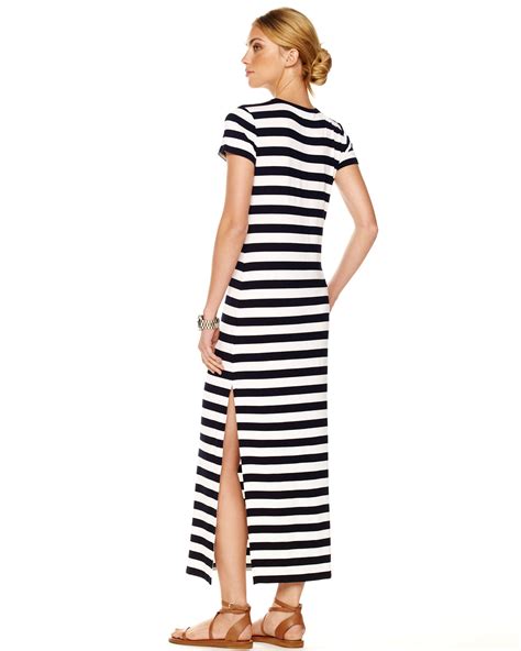 michael kors blue white stripe dress with belt|Michael Kors black zipper dress.